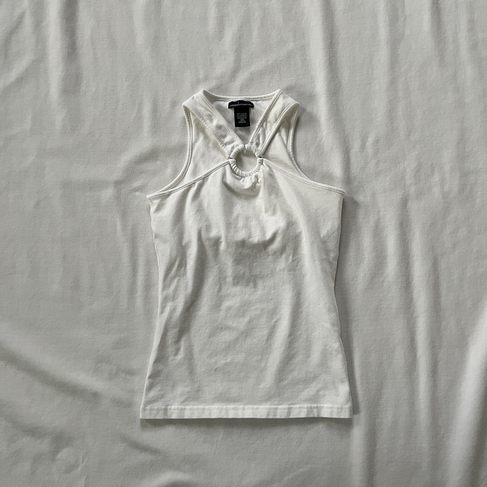 Vintage Y2K Moda International XS Halter White Keyhole O-Ring Tank Cotton 90s